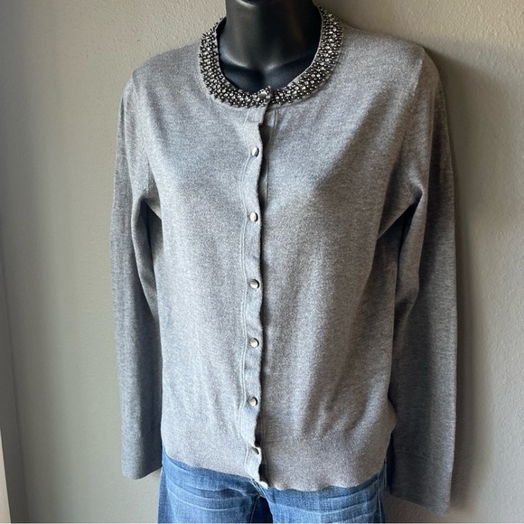 Ann Taylor Jeweled Neck Button Up Solid Long Sleeve Top Gray Women's M - Picture 1 of 15